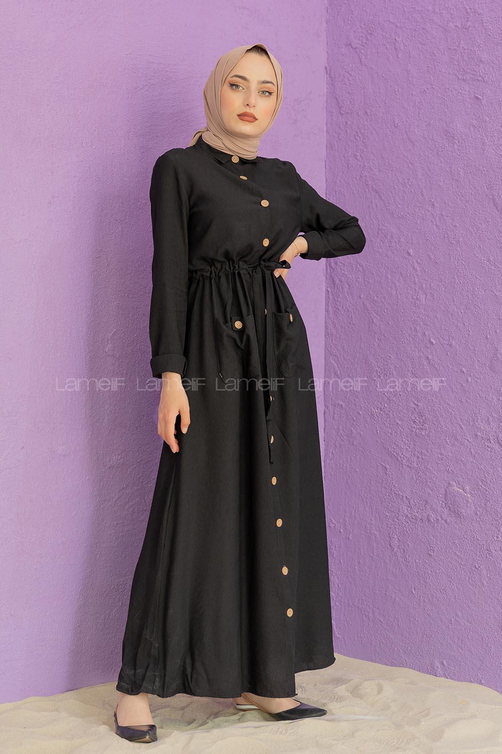 Modalamelif Tahta Düğmeli Ayrobin Elbise Siyah