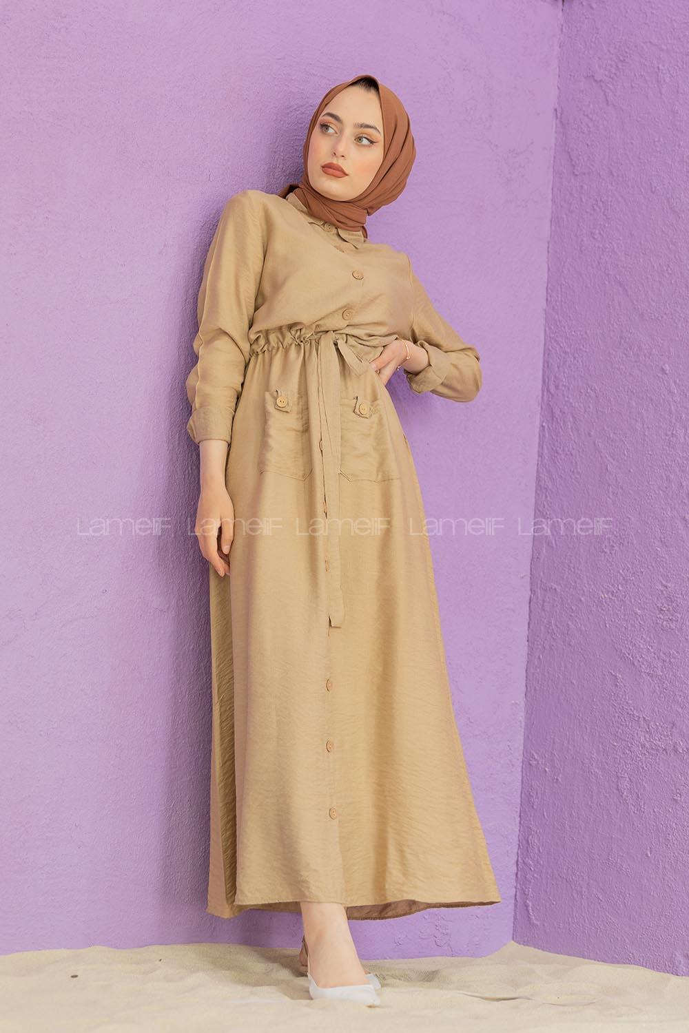 Modalamelif Tahta Düğmeli Ayrobin Elbise Sütlü Kahve