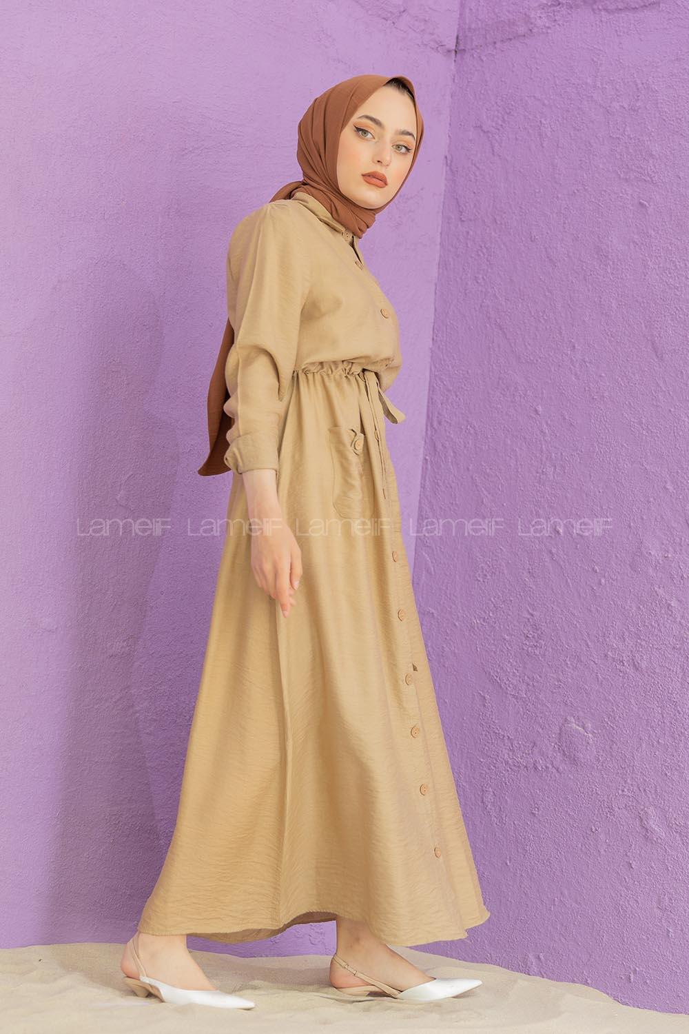 Modalamelif Tahta Düğmeli Ayrobin Elbise Sütlü Kahve
