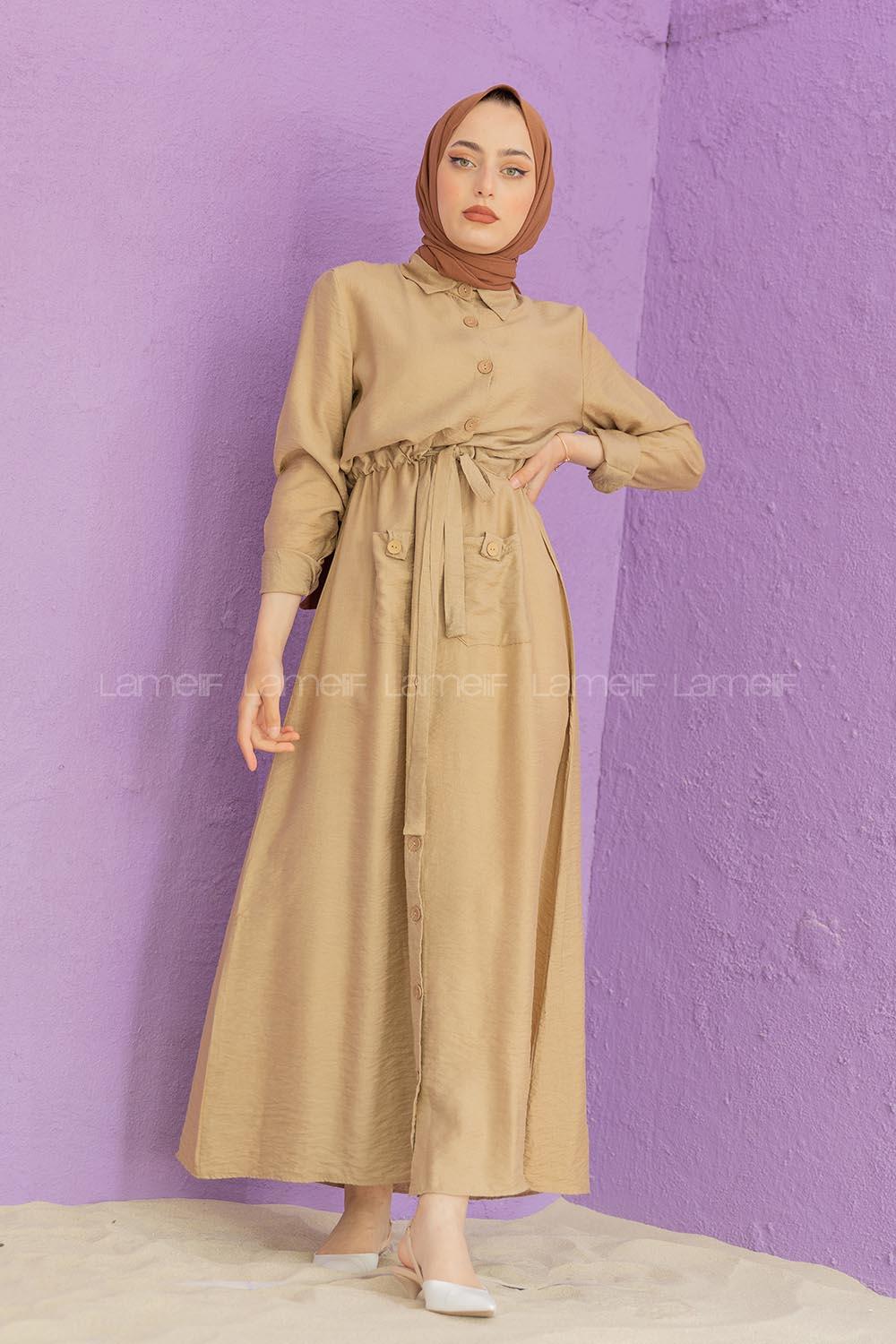 Modalamelif Tahta Düğmeli Ayrobin Elbise Sütlü Kahve