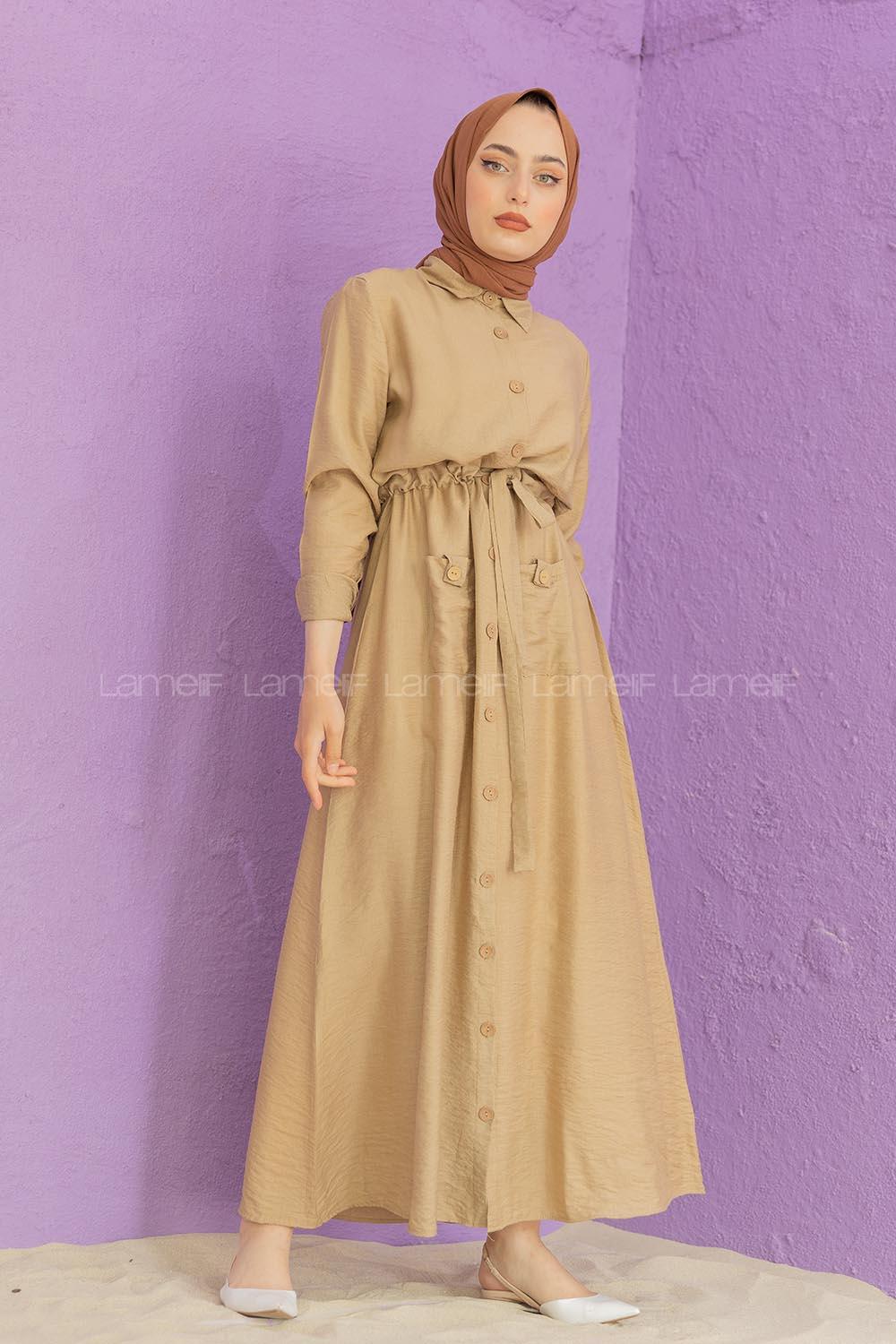 Modalamelif Tahta Düğmeli Ayrobin Elbise Sütlü Kahve