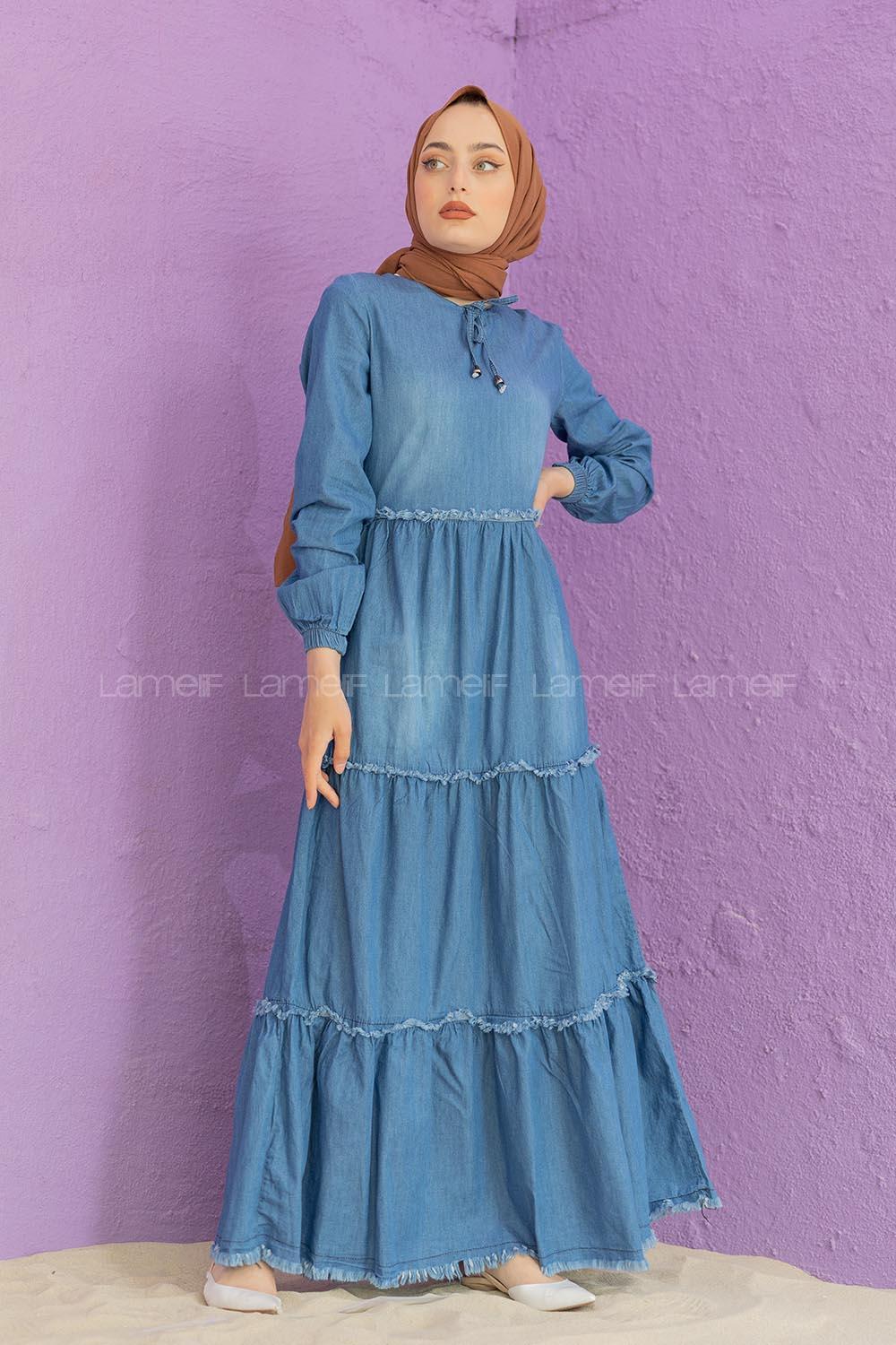 Modalamelif Yaka Bağlamalı Kot Elbise Mavi