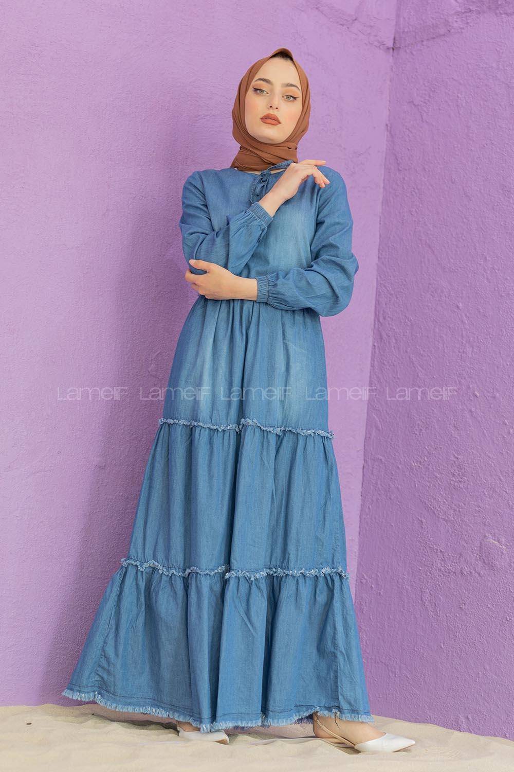 Modalamelif Yaka Bağlamalı Kot Elbise Mavi