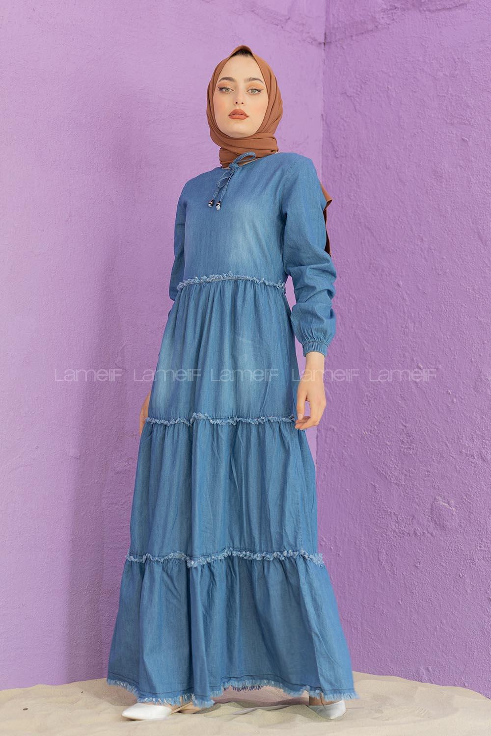 Modalamelif Yaka Bağlamalı Kot Elbise Mavi