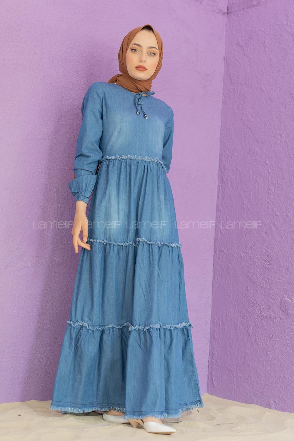 Modalamelif Yaka Bağlamalı Kot Elbise Mavi