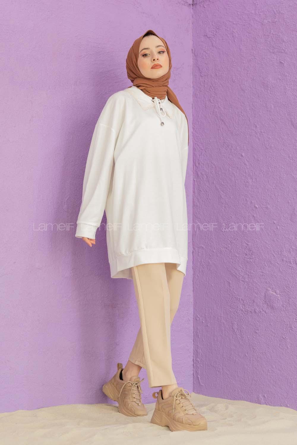 Modalamelif Yaka Güpürlü Tunik Beyaz