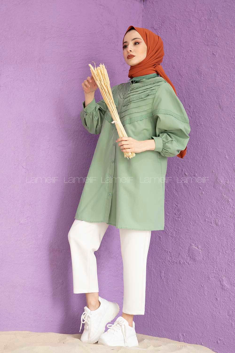 Modalamelif Balon Kol Gipeli Gömlek Tunik Çağla Yeşili