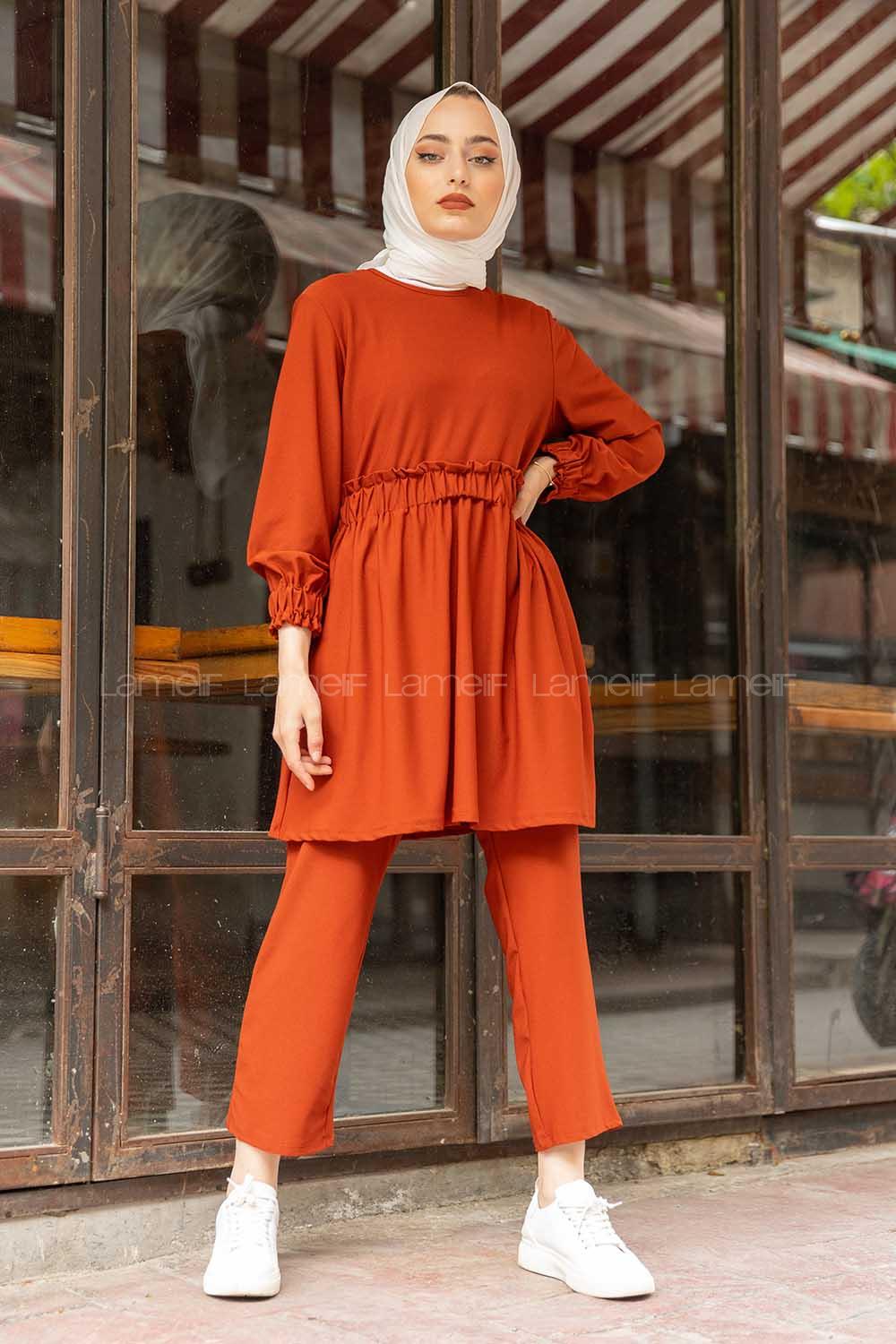 Modalamelif Bel Büzmeli Şık Takım Acı Kahve