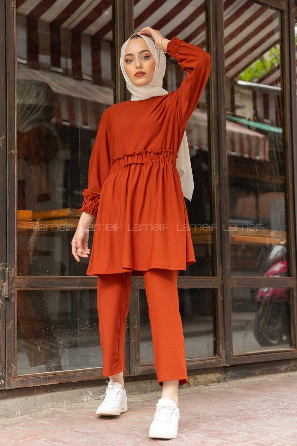 Modalamelif Bel Büzmeli Şık Takım Acı Kahve