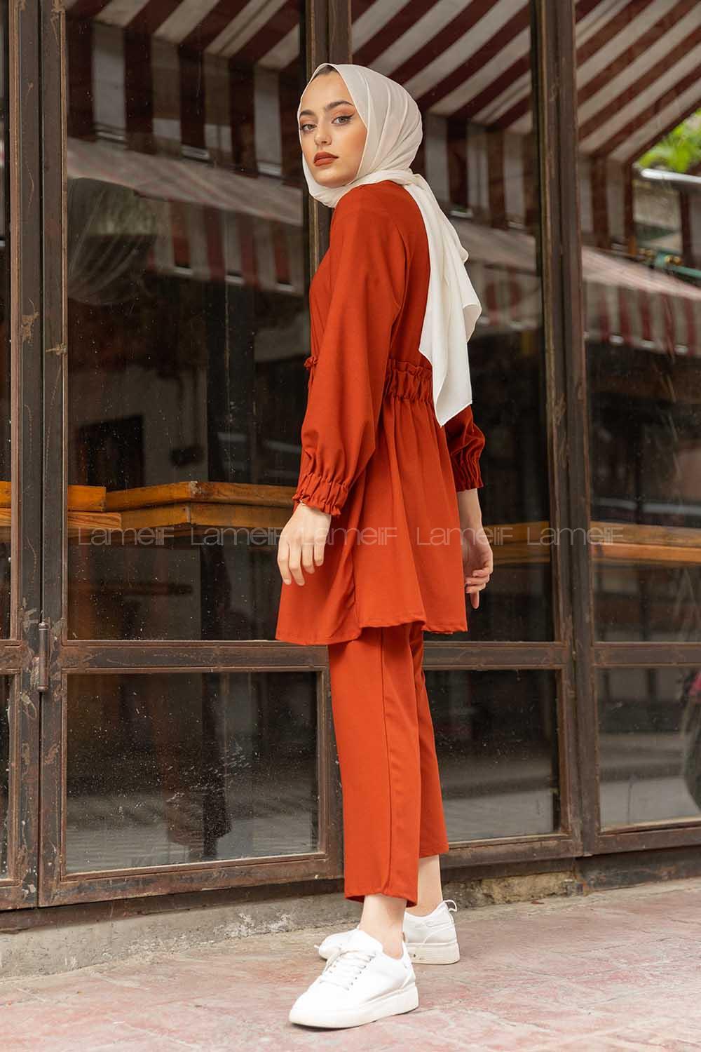 Modalamelif Bel Büzmeli Şık Takım Acı Kahve