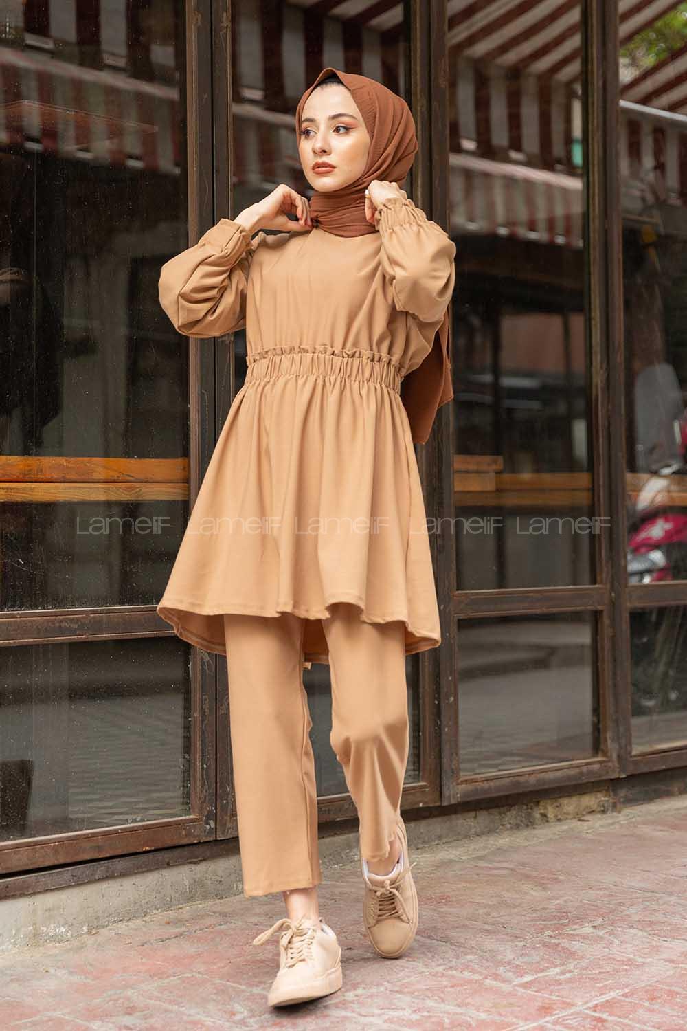 Modalamelif Bel Büzmeli Şık Takım Sütlü Kahve