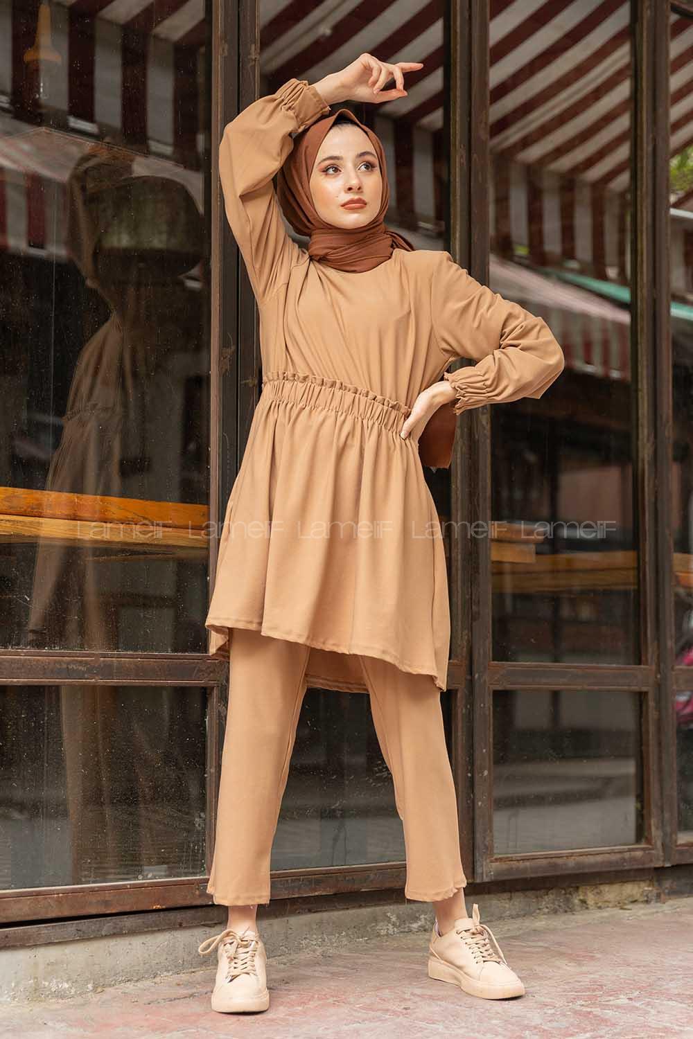 Modalamelif Bel Büzmeli Şık Takım Sütlü Kahve