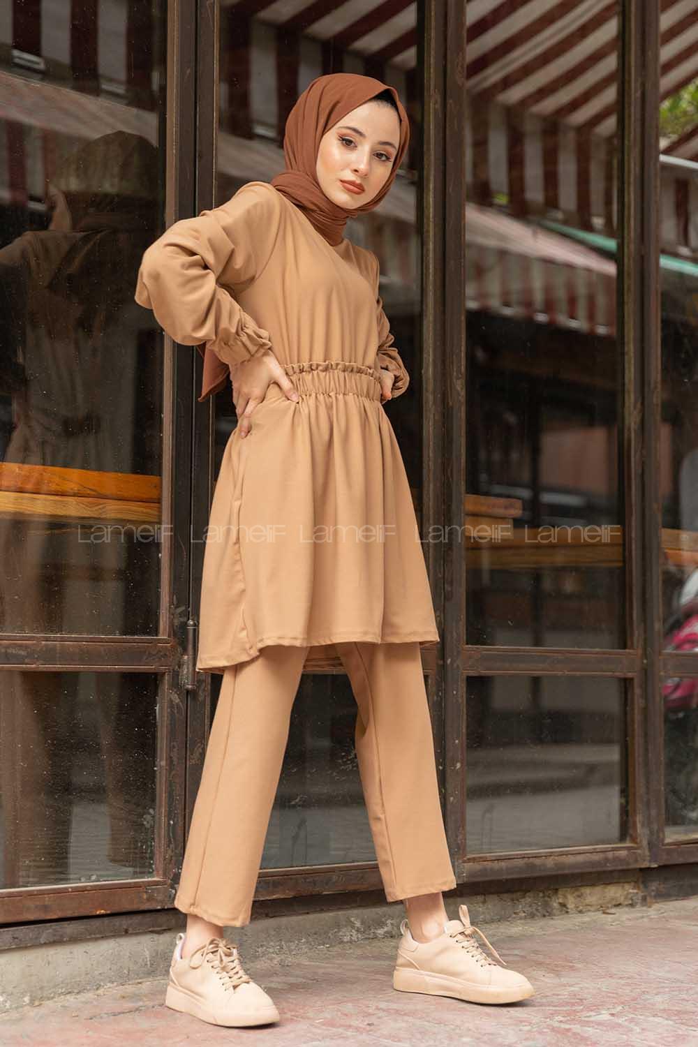 Modalamelif Bel Büzmeli Şık Takım Sütlü Kahve