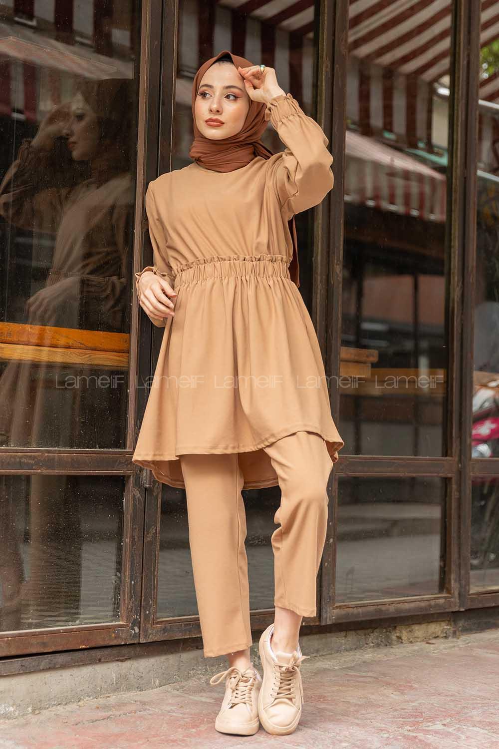 Modalamelif Bel Büzmeli Şık Takım Sütlü Kahve