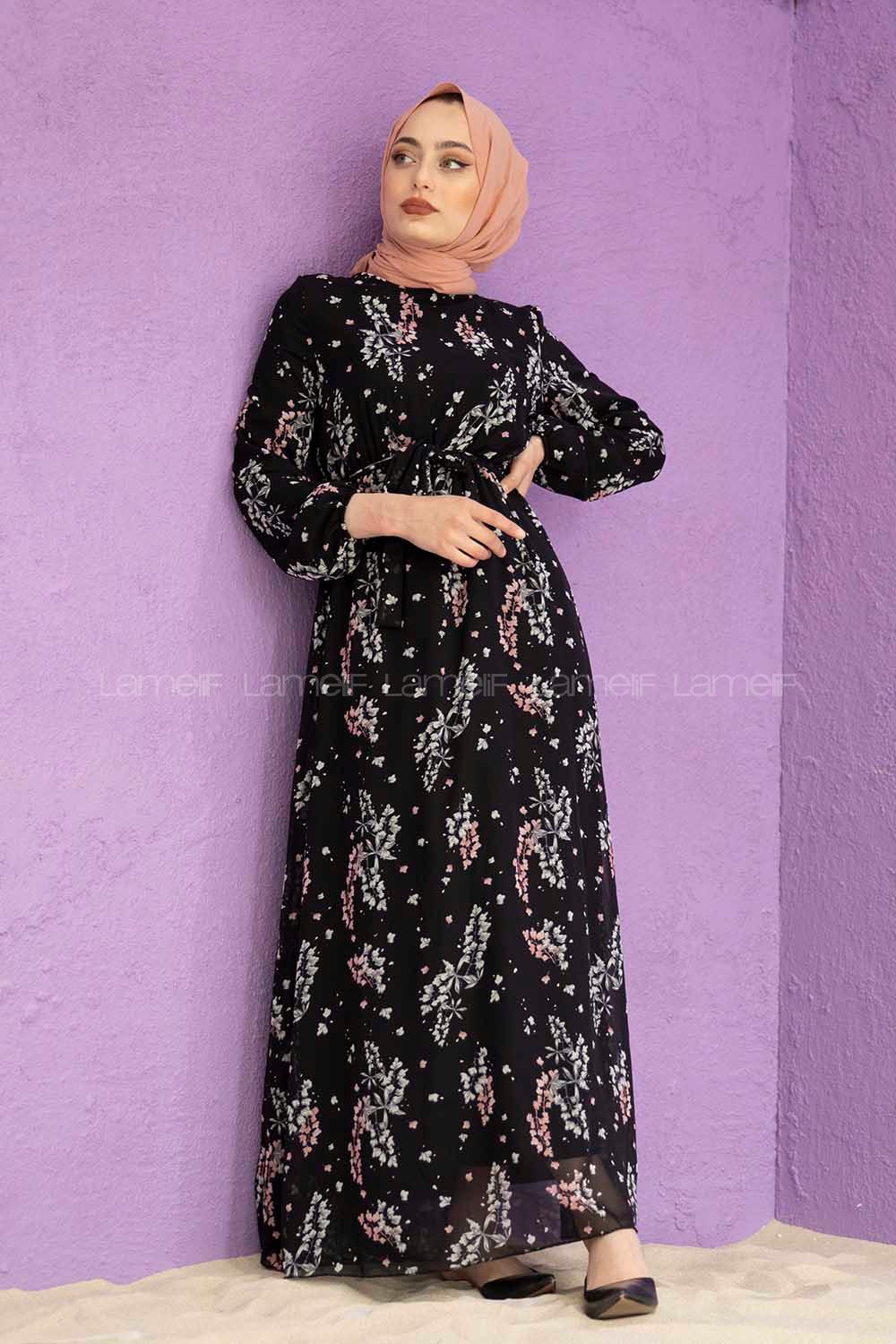 Modalamelif Çiçek Desen Elbise Siyah