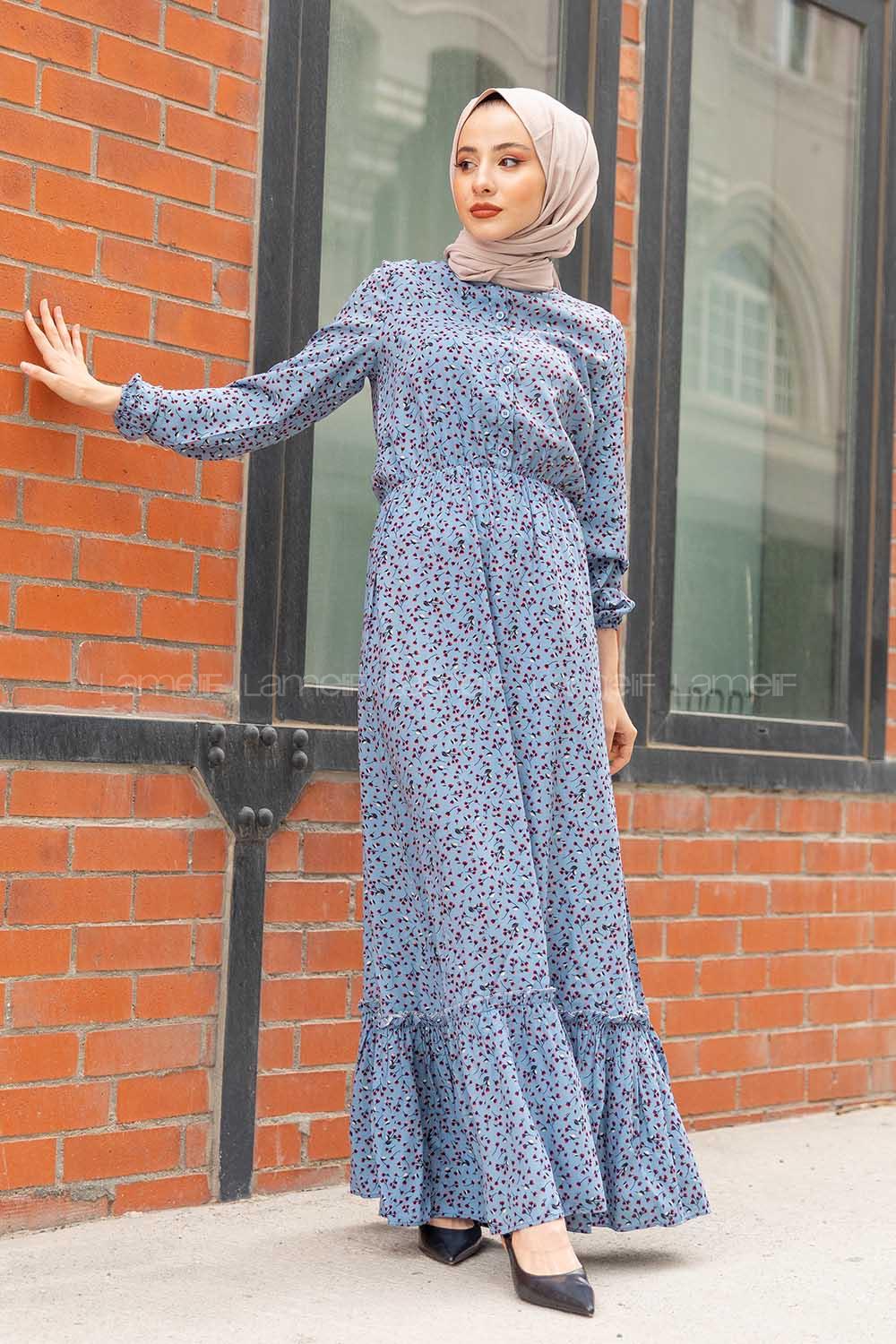 Modalamelif Çiçek Desenli  Elbise Açık Mavi