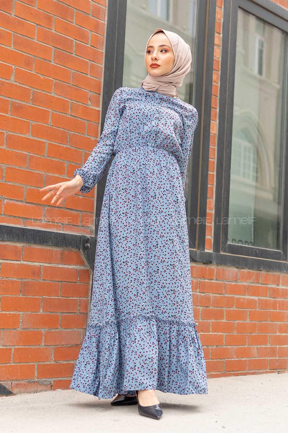 Modalamelif Çiçek Desenli  Elbise Açık Mavi