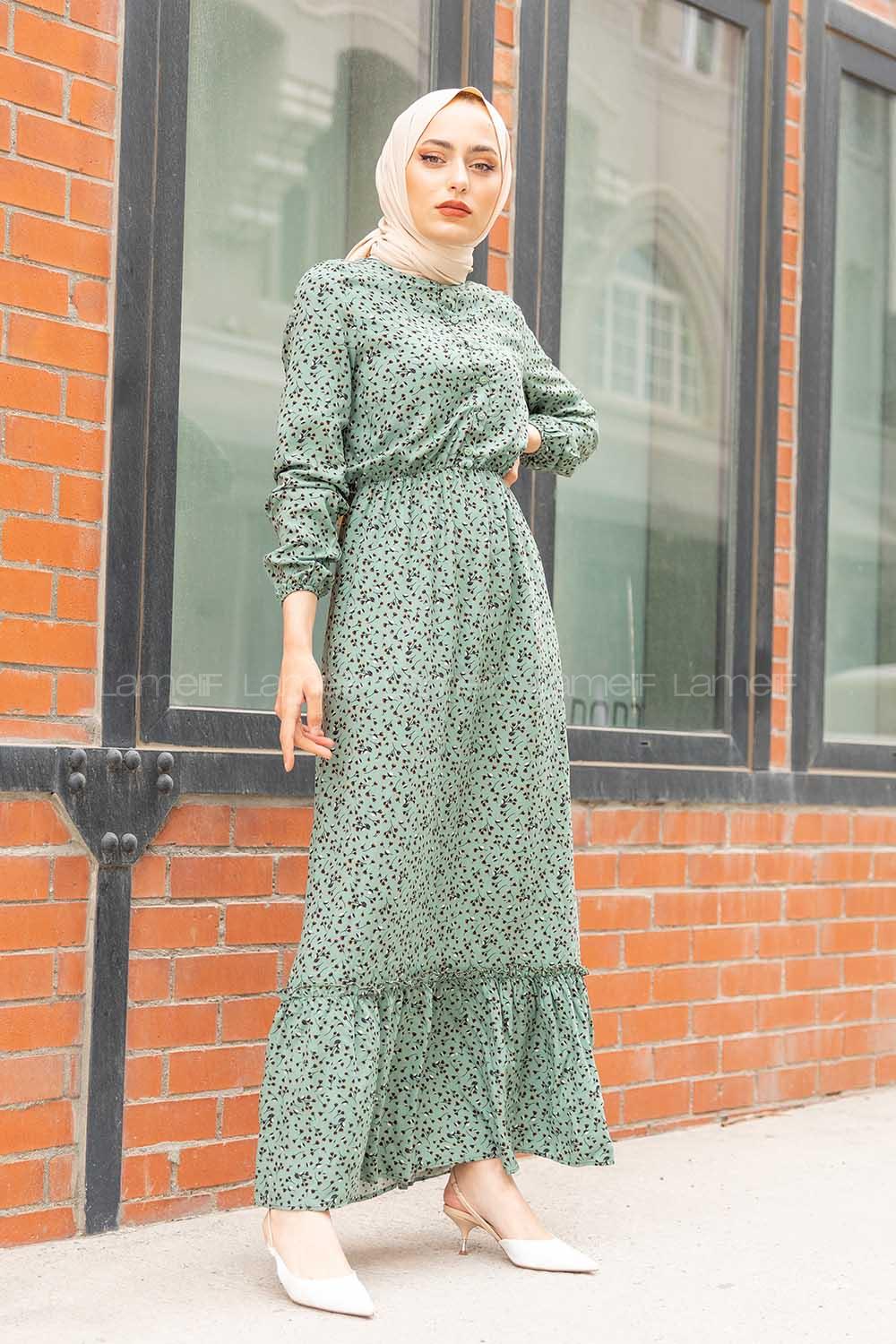 Modalamelif Çiçek Desenli  Elbise Çağla Yeşili