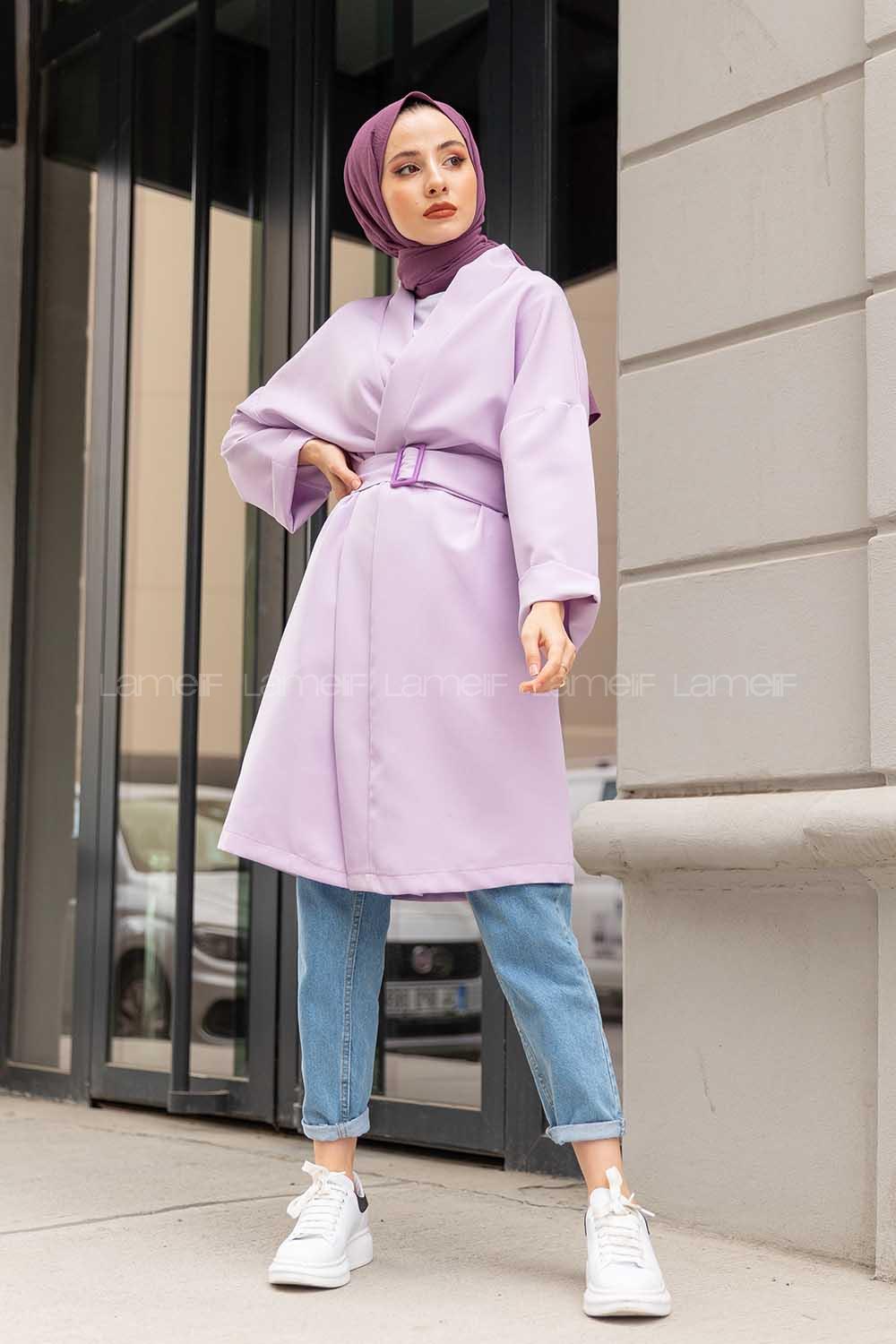 Modalamelif Çift Cepli Kemerli Kimono Lila