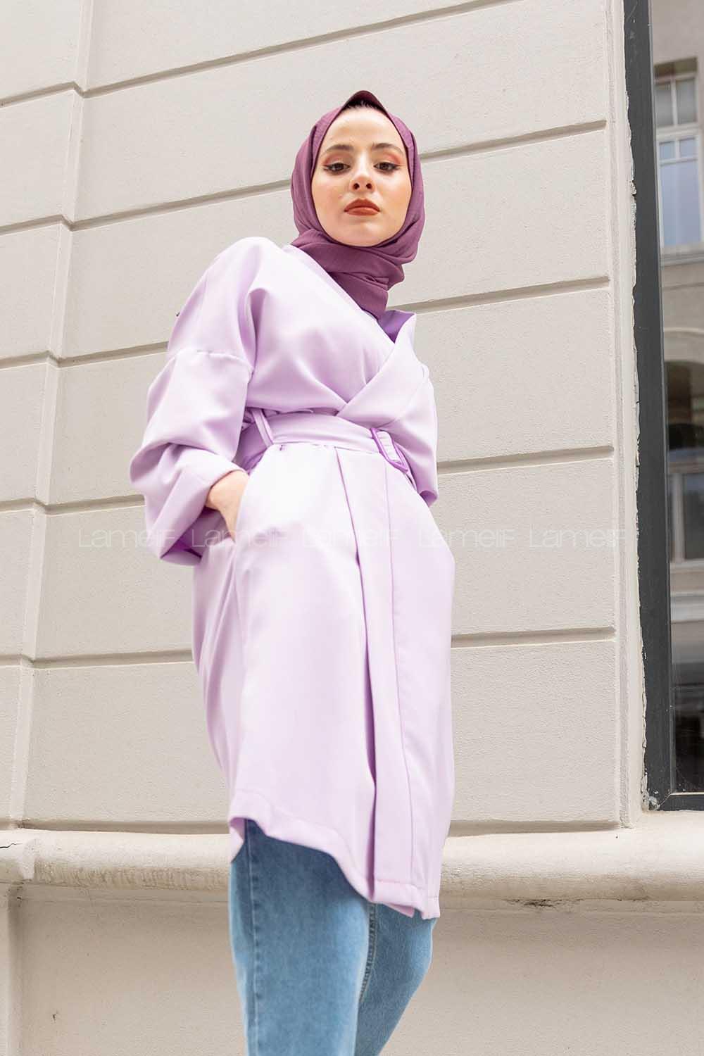 Modalamelif Çift Cepli Kemerli Kimono Lila