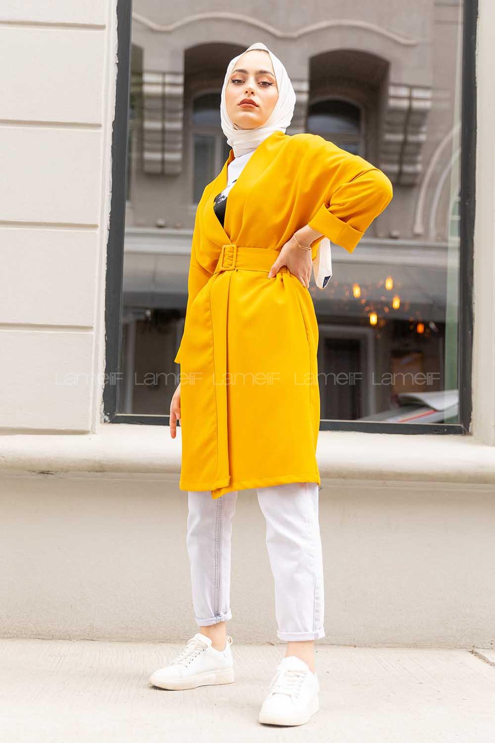 Modalamelif Kemerli Kimono Saks Hardal Sarısı