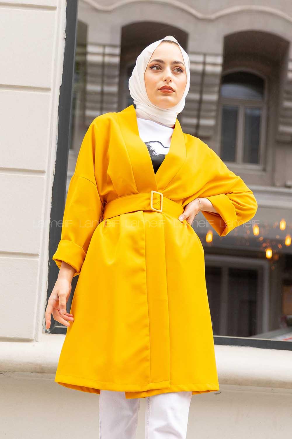 Modalamelif Kemerli Kimono Saks Hardal Sarısı