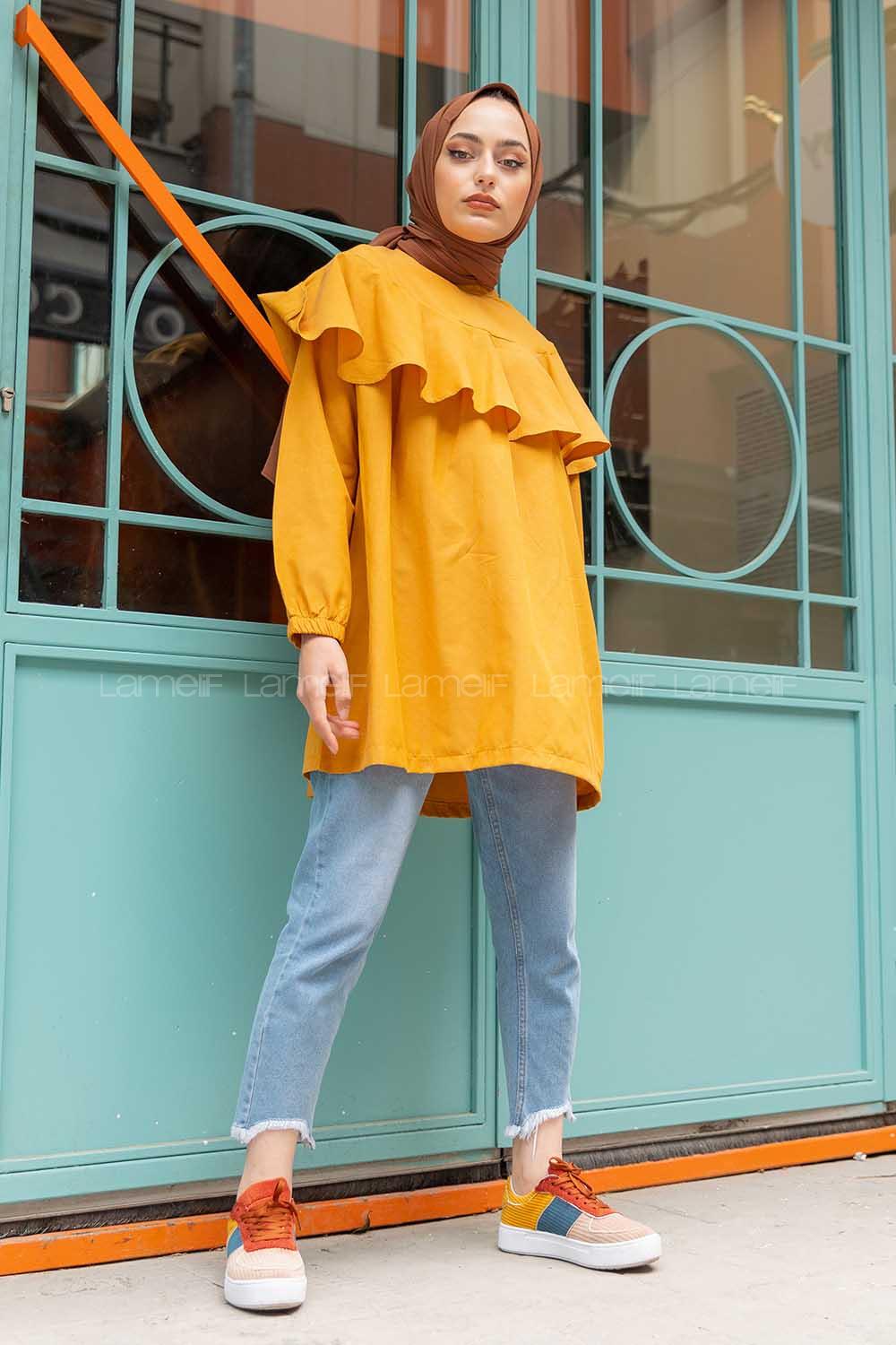 Modalamelif Hakim Yaka Fırfırlı Tunik Hardal Sarısı