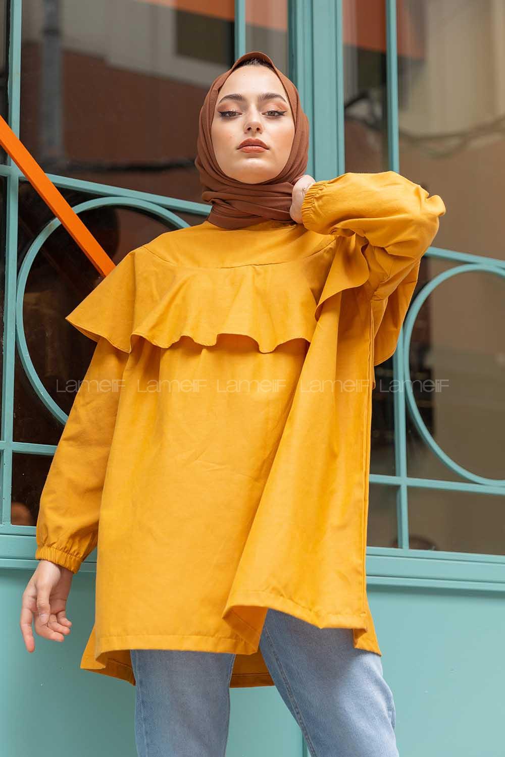 Modalamelif Hakim Yaka Fırfırlı Tunik Hardal Sarısı