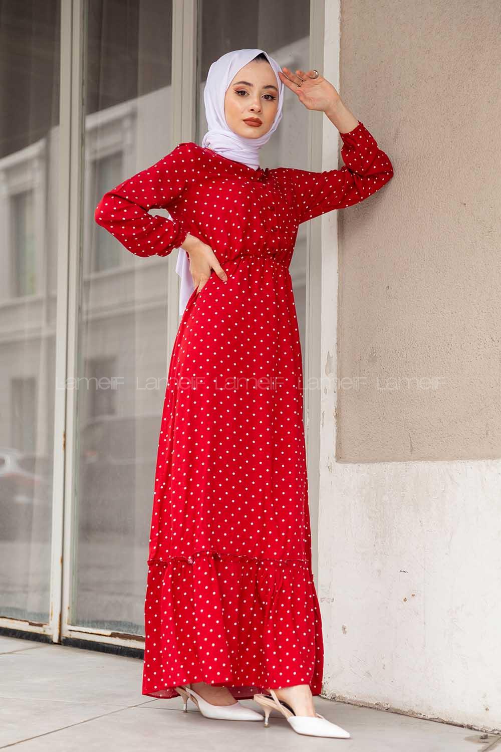 Modalamelif Puantiye Desenli  Elbise Kırmzı