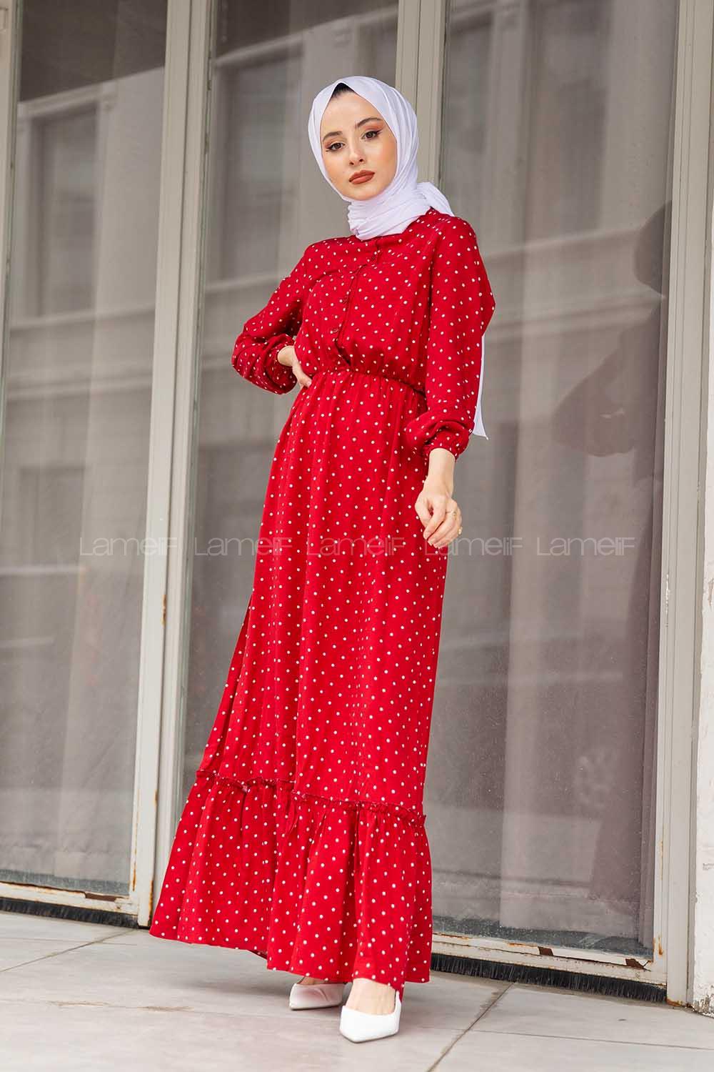 Modalamelif Puantiye Desenli  Elbise Kırmzı