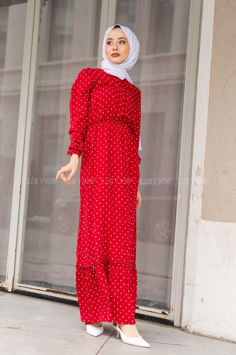 Modalamelif Puantiye Desenli  Elbise Kırmzı