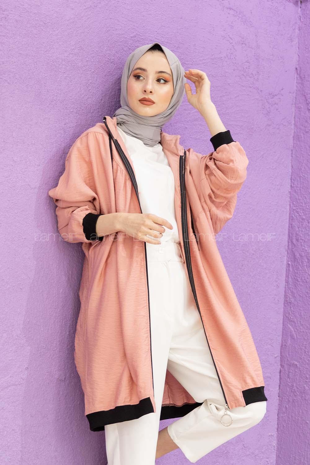 Modalamelif Kapşonlu Spor Yağmurluk Pudra