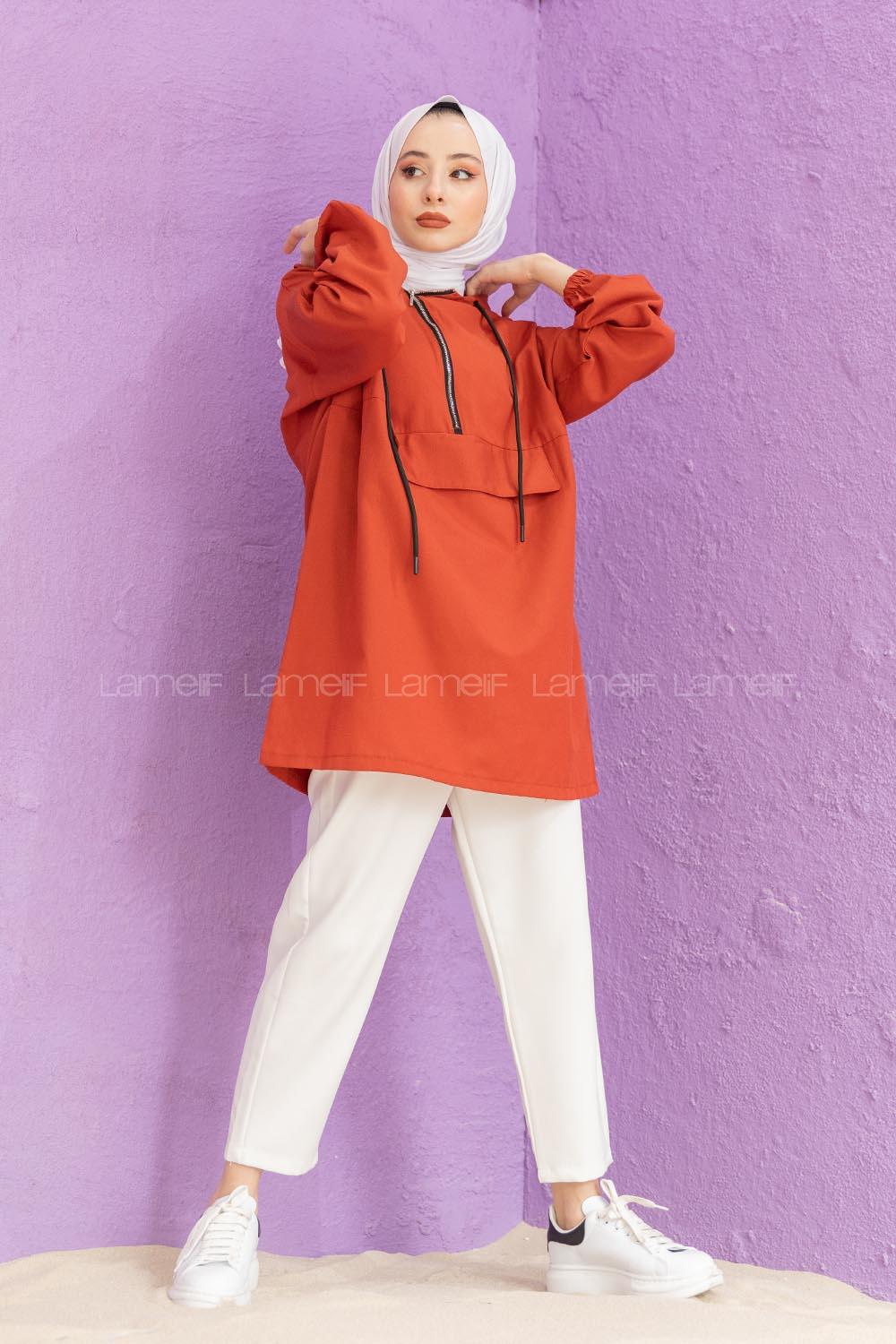 Modalamelif  Arma Baskılı Kapşonlu Tunik Koyu Kiremit