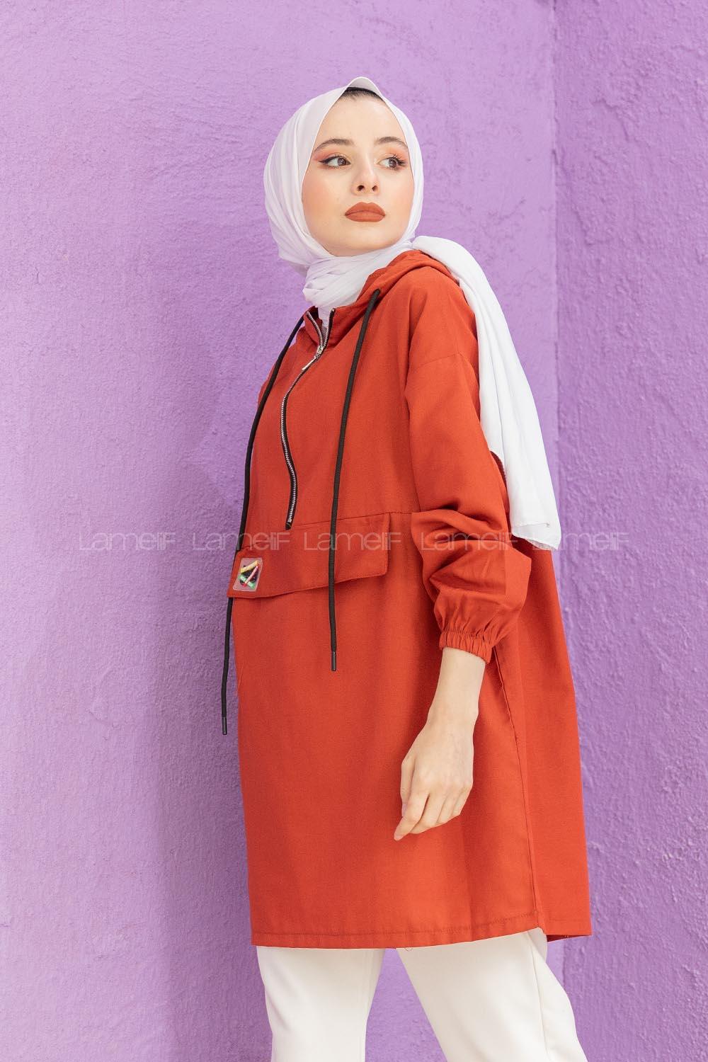 Modalamelif  Arma Baskılı Kapşonlu Tunik Koyu Kiremit