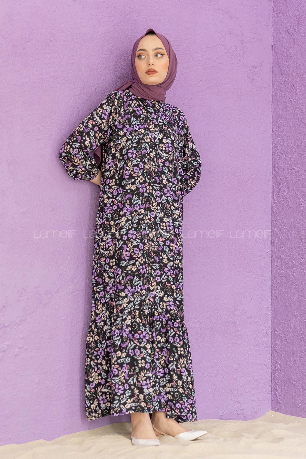 Modalamelif Balon Kol Desenli Elbise Mor