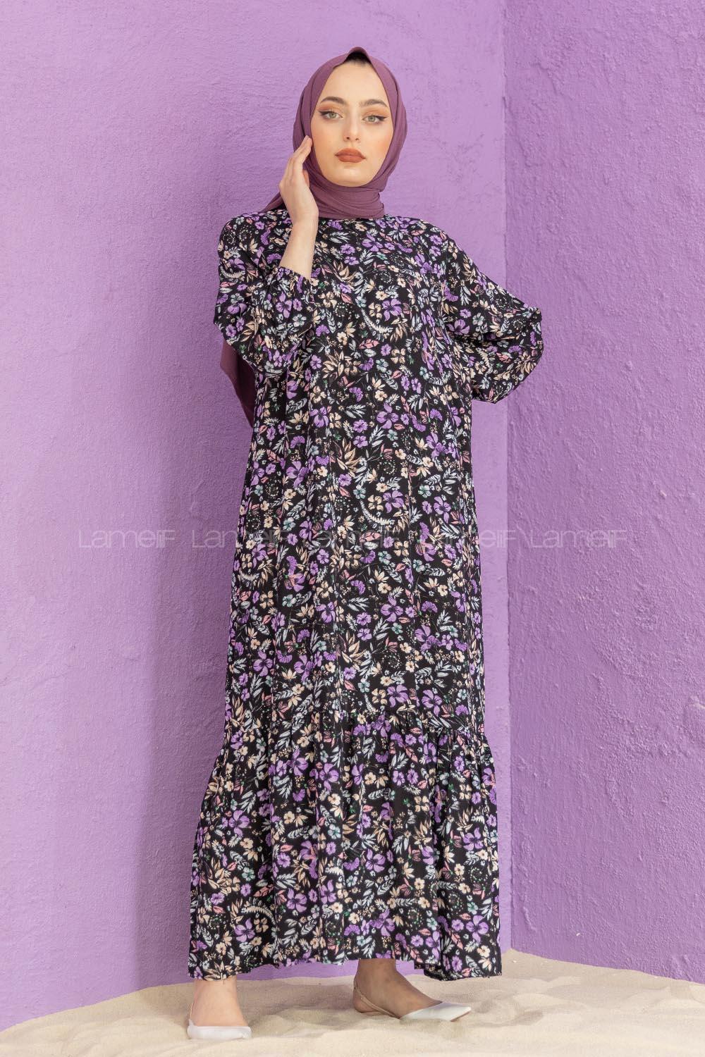 Modalamelif Balon Kol Desenli Elbise Mor