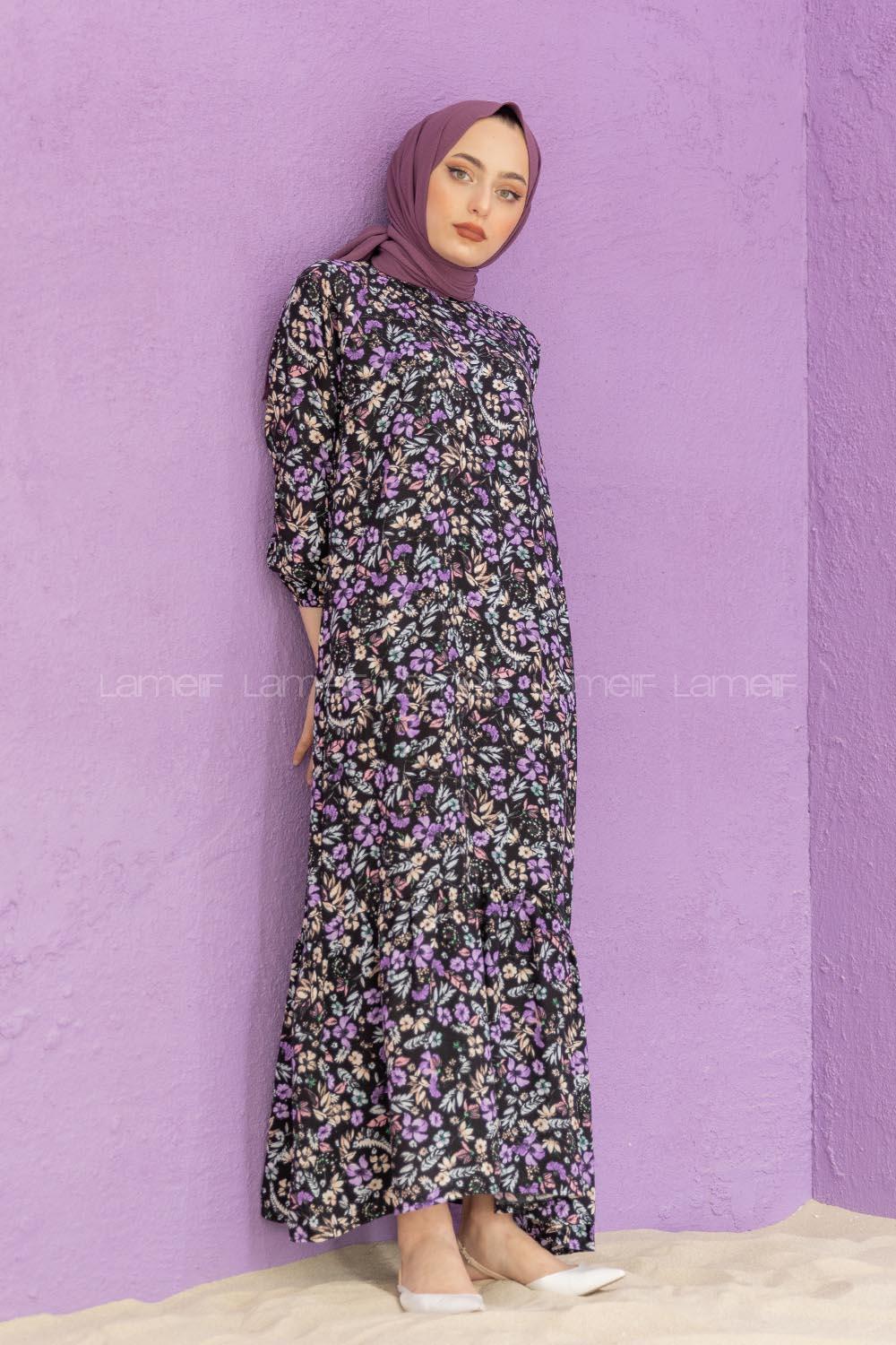 Modalamelif Balon Kol Desenli Elbise Mor