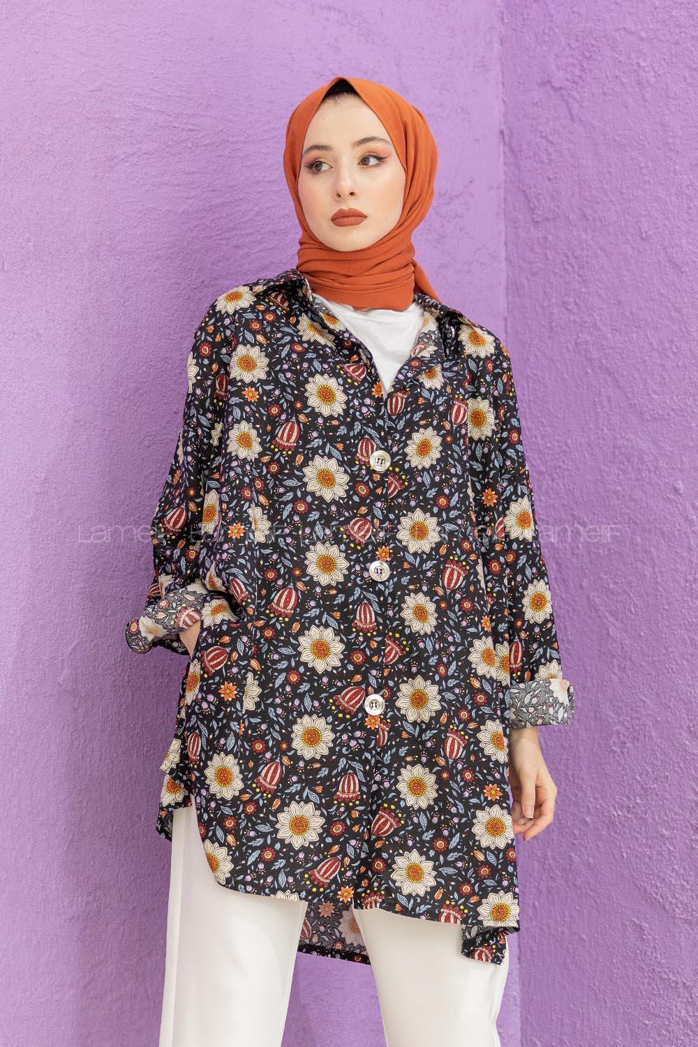 Modalamelif Dokuma Desenli Gömlek Siyah Bej