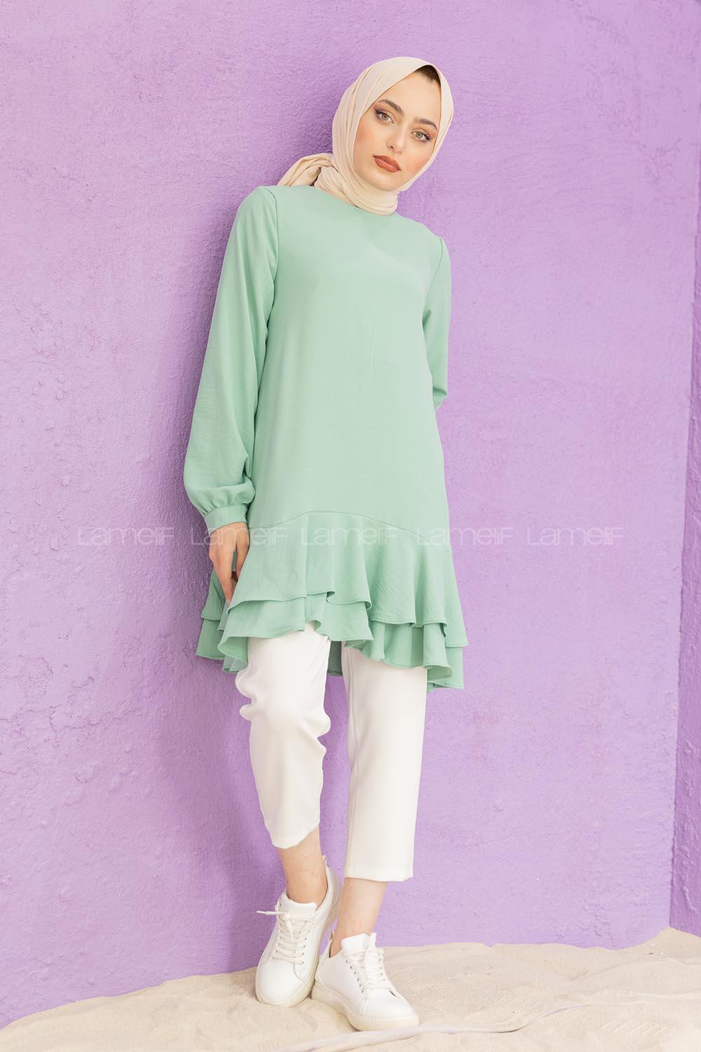 Modalamelif Eteği Pileli Tunik Çağla Yeşili