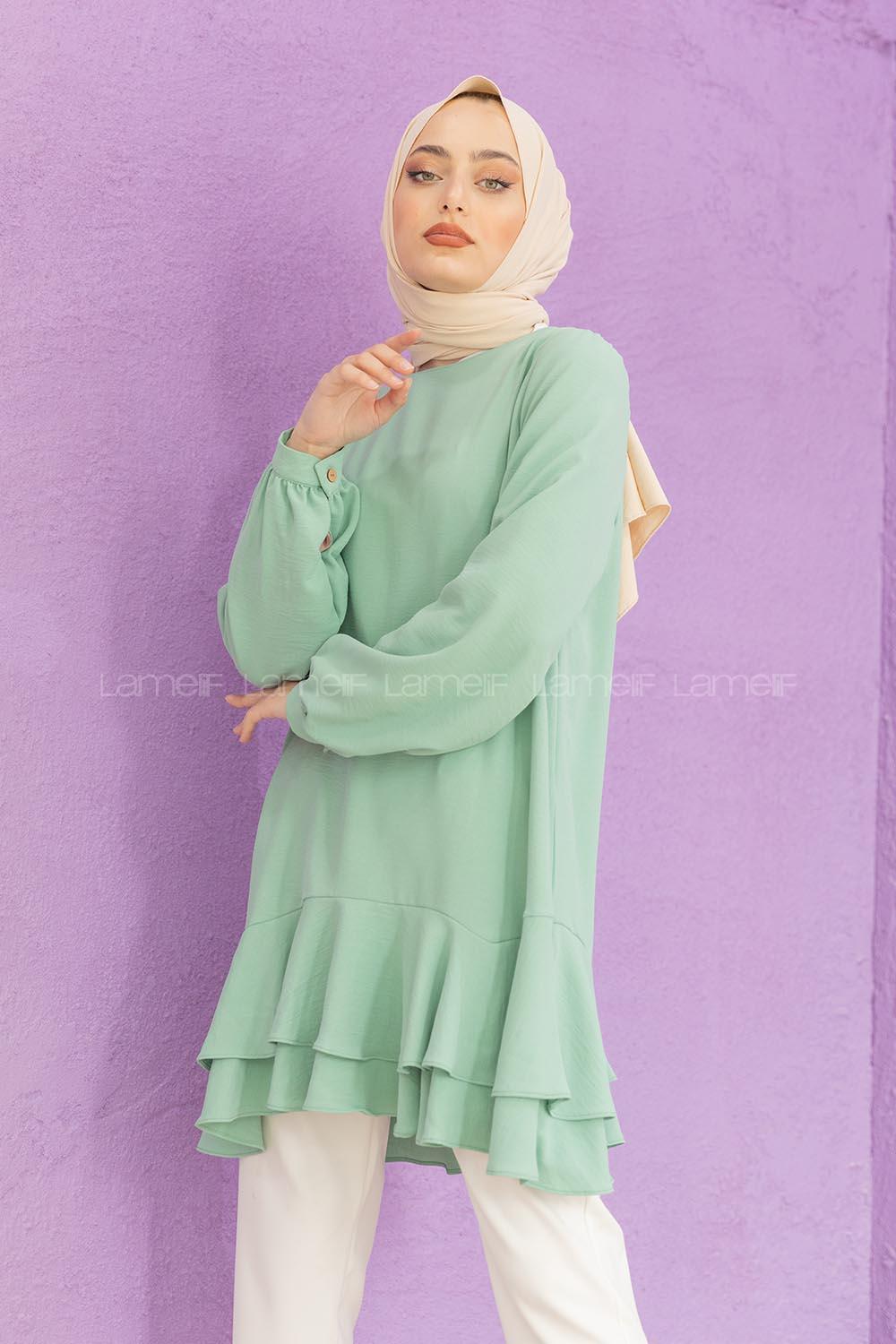 Modalamelif Eteği Pileli Tunik Çağla Yeşili