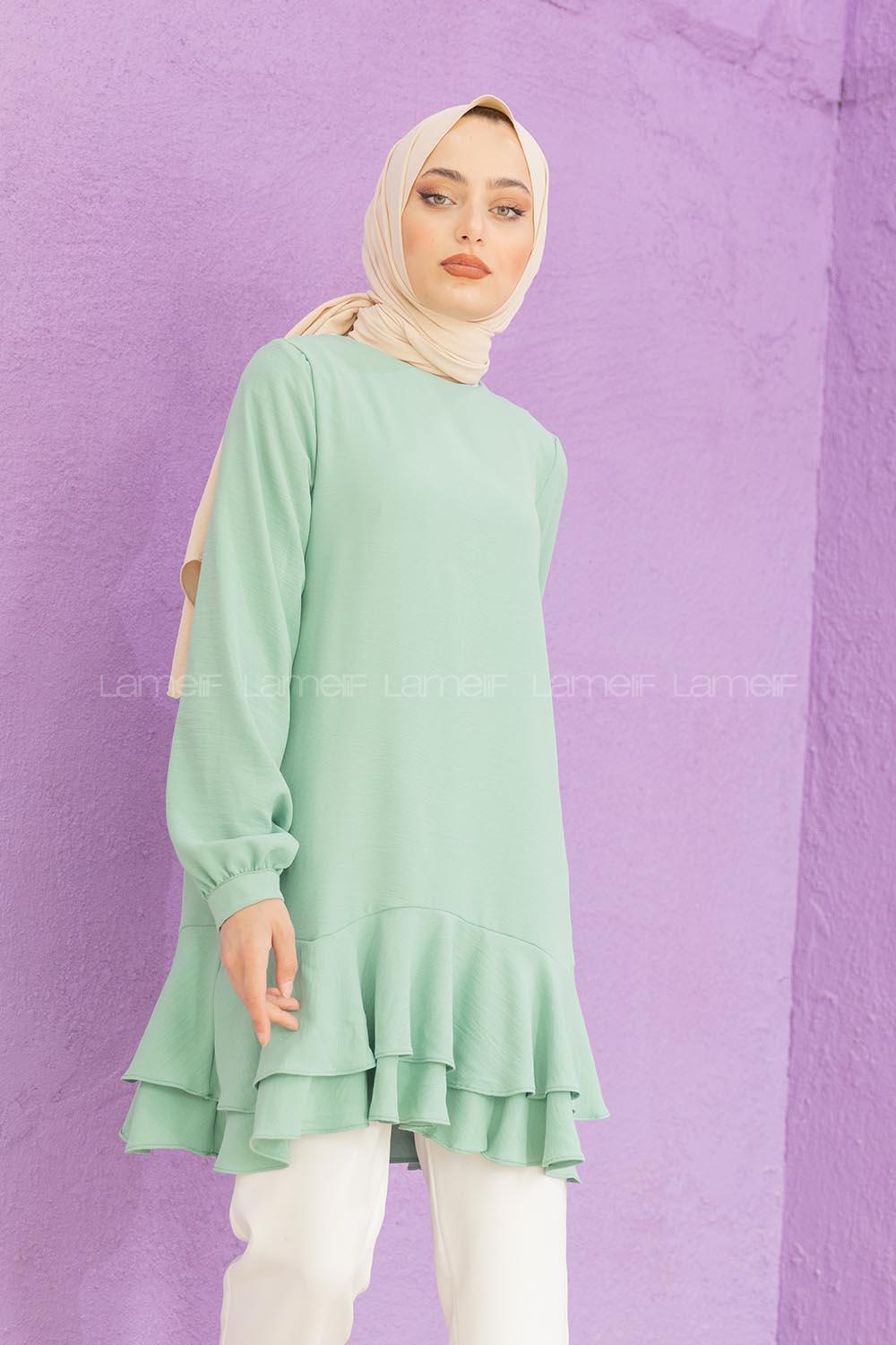 Modalamelif Eteği Pileli Tunik Çağla Yeşili