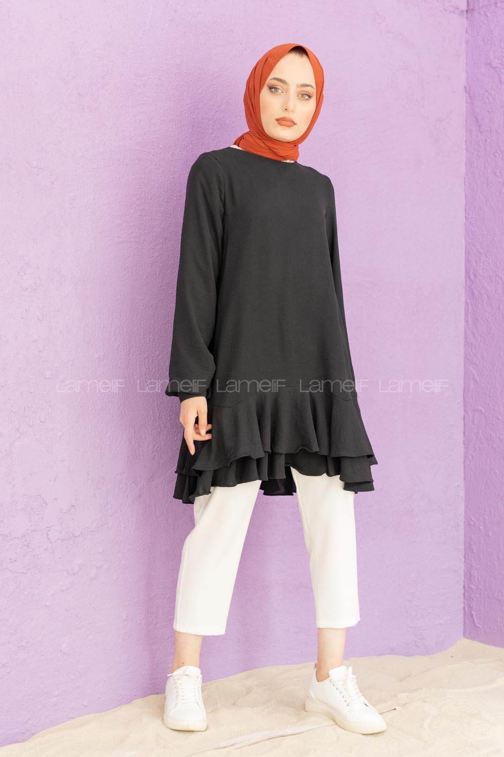 Modalamelif Eteği Pileli Tunik Siyah