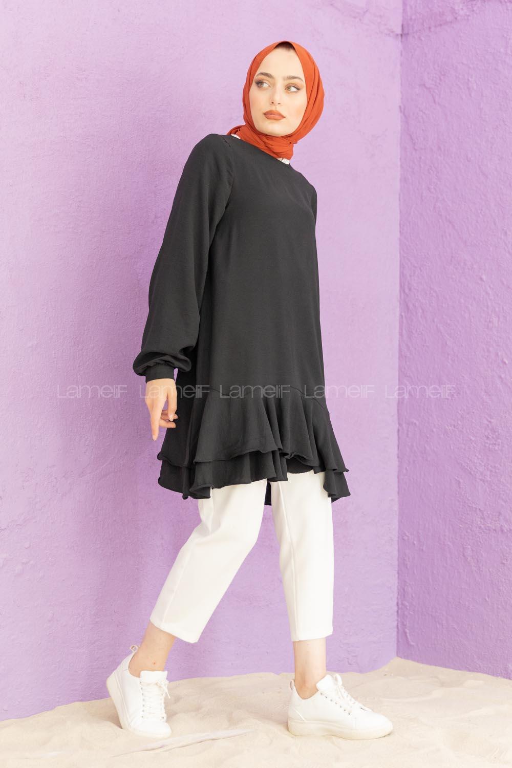 Modalamelif Eteği Pileli Tunik Siyah