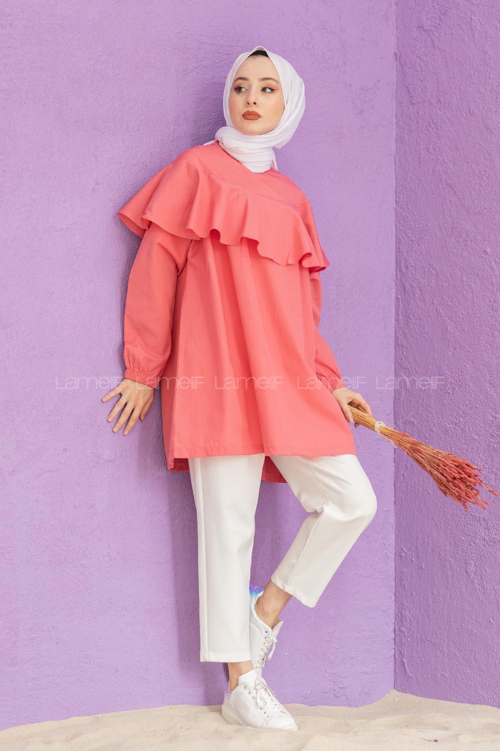 Modalamelif Hakim Yaka Fırfırlı Tunik Şeker Pembe