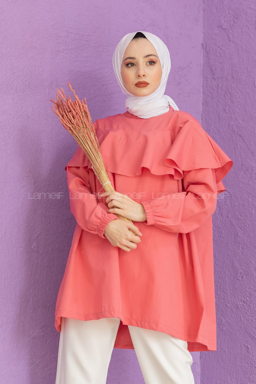 Modalamelif Hakim Yaka Fırfırlı Tunik Şeker Pembe