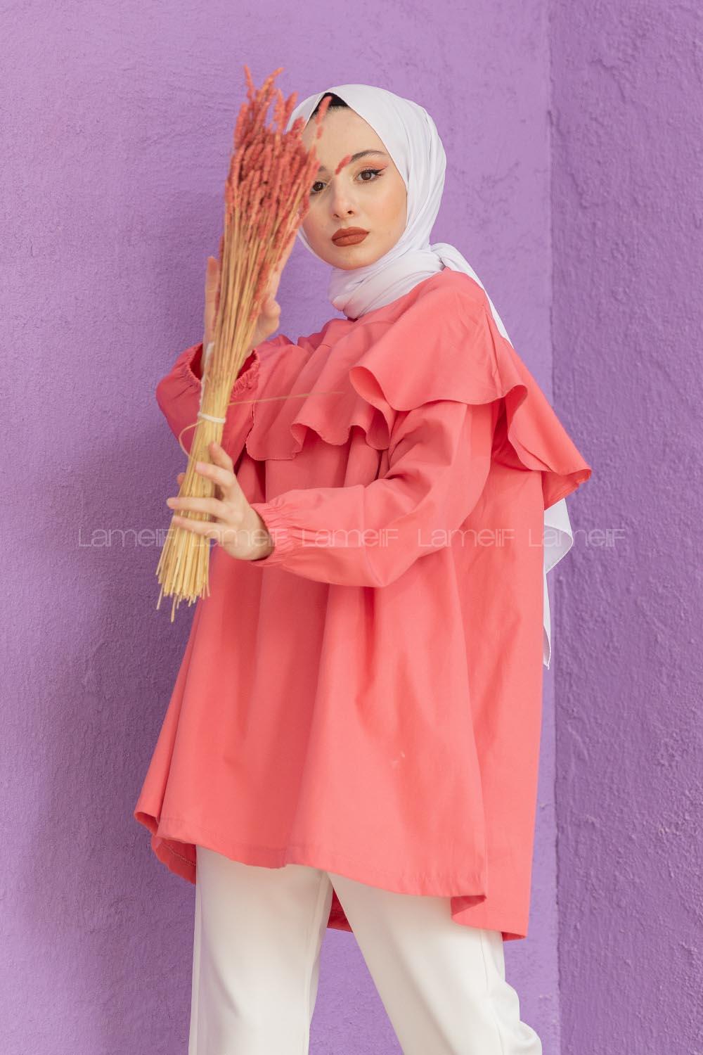 Modalamelif Hakim Yaka Fırfırlı Tunik Şeker Pembe