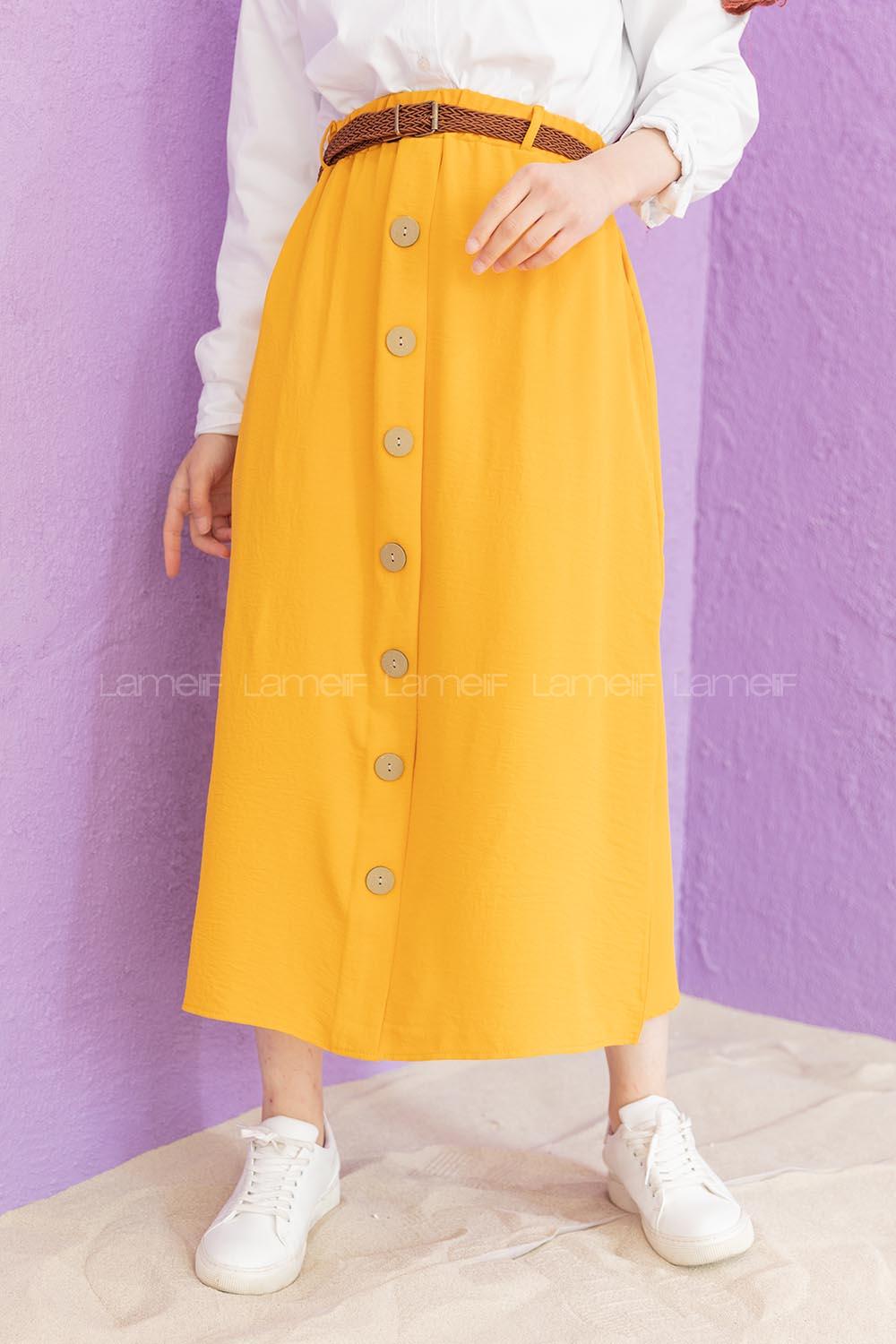 Modalamelif Hasır Kemerli Ayrobin  Etek Hardal Sarısı