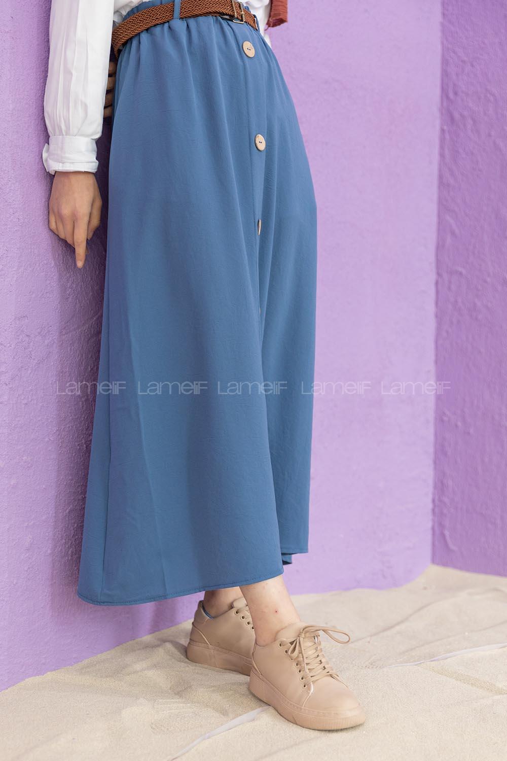 Modalamelif Hasır Kemerli Ayrobin  Etek İndigo