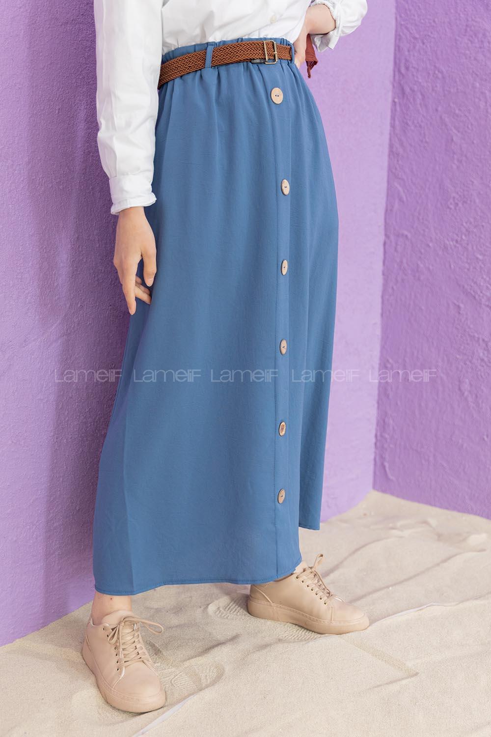 Modalamelif Hasır Kemerli Ayrobin  Etek İndigo