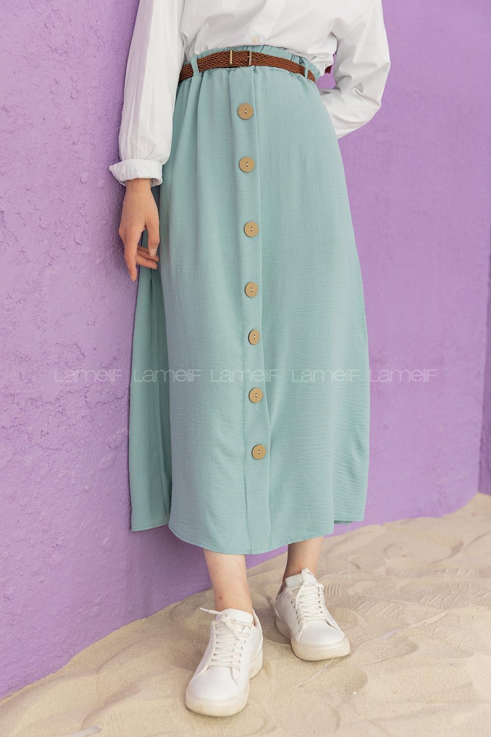 Modalamelif Hasır Kemerli Ayrobin  Etek Mint Yeşili